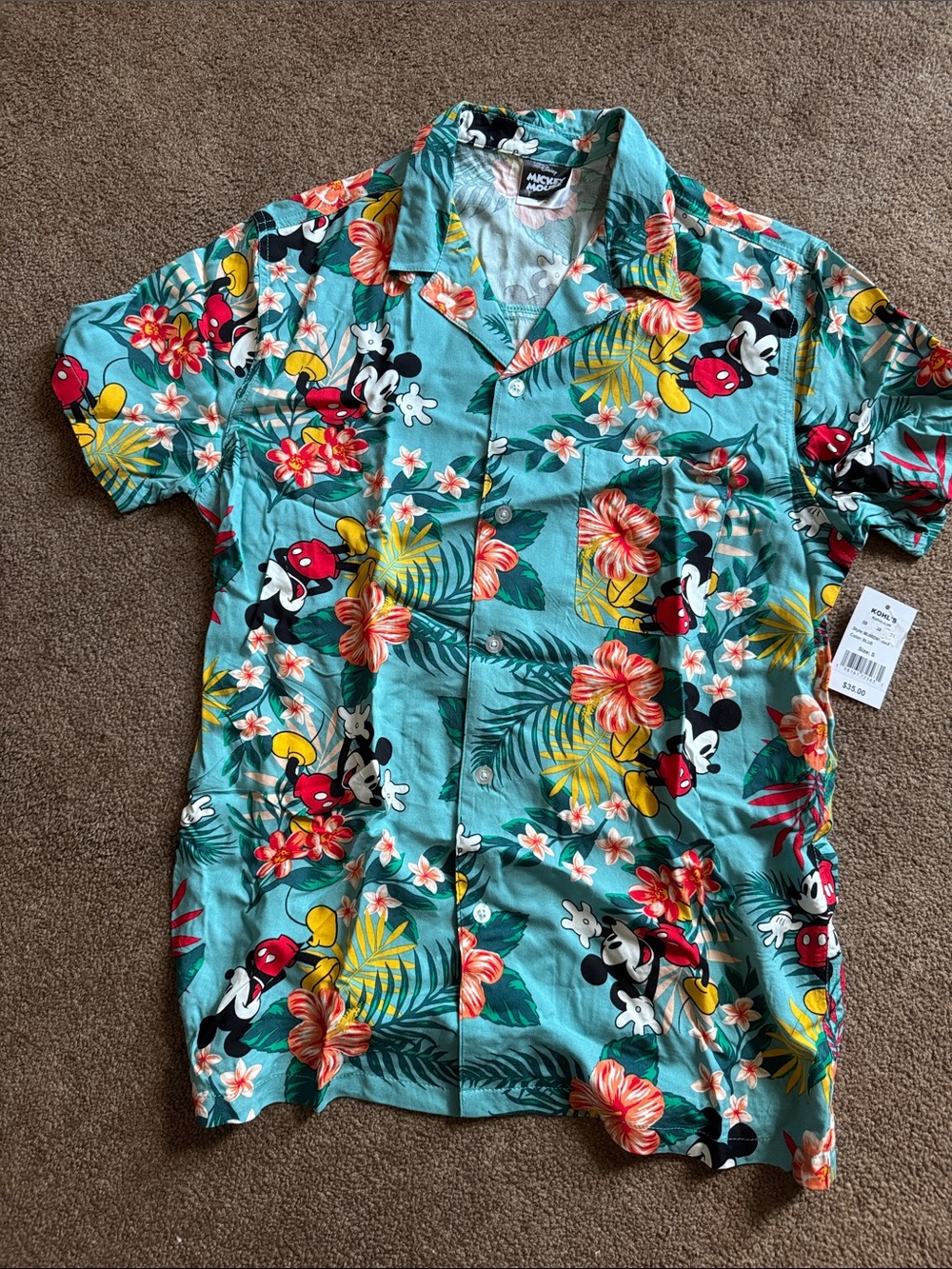 Disney Teal Hawaiian Shirt with Mickey Mouse Floral Print